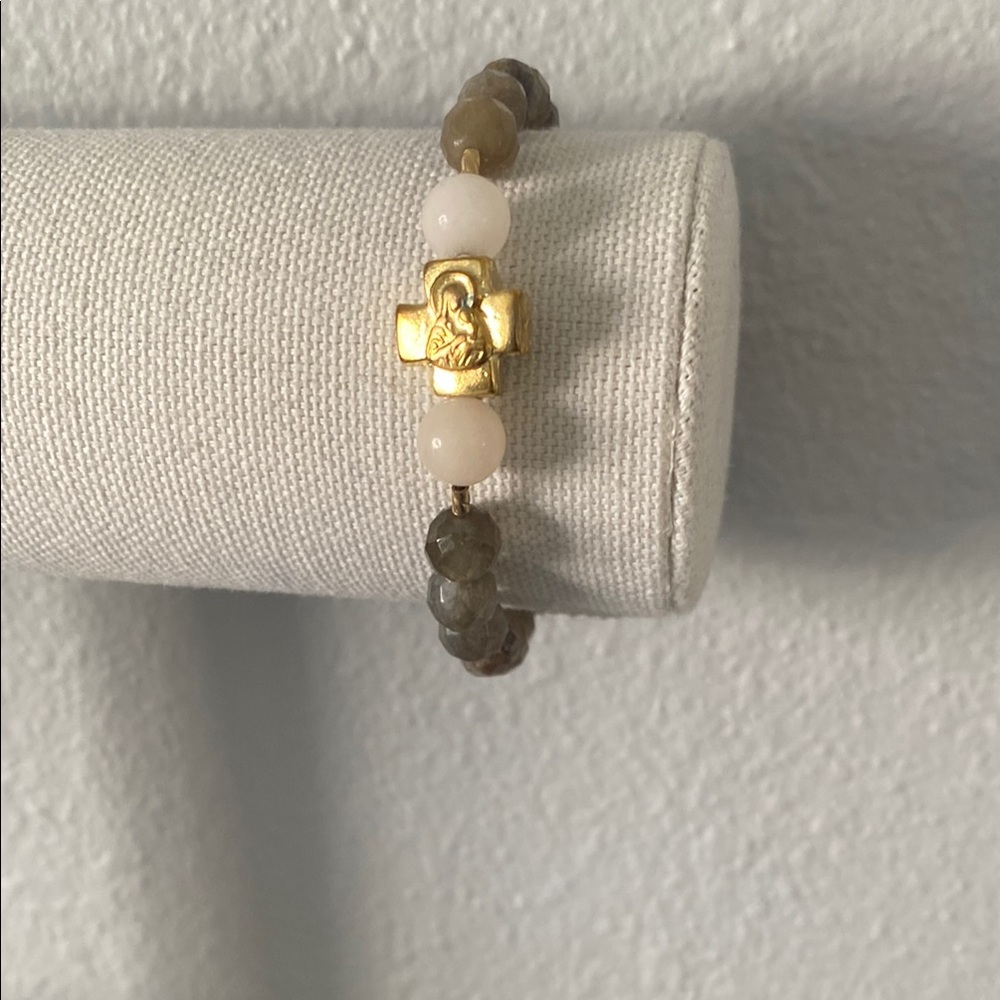 Virgin Mary 14k Gold Plated Bead & Rose Quartz/Labradorite Stretch Bracelet